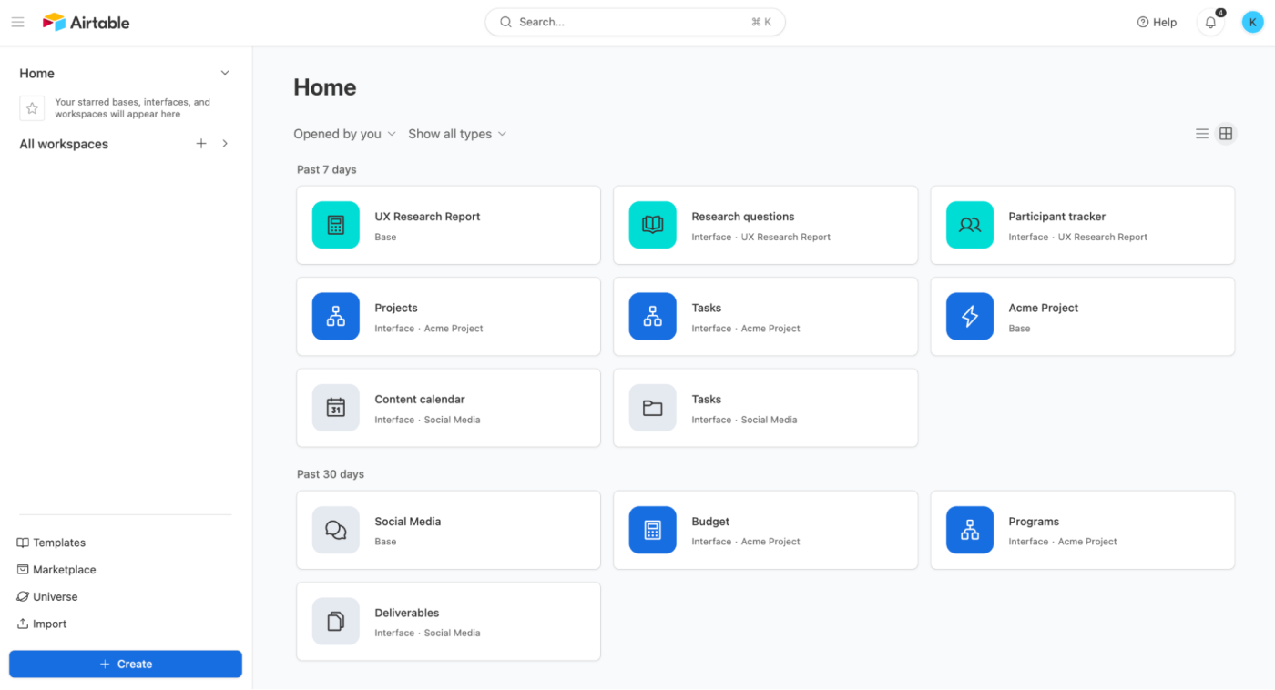 The Home page in Airtable