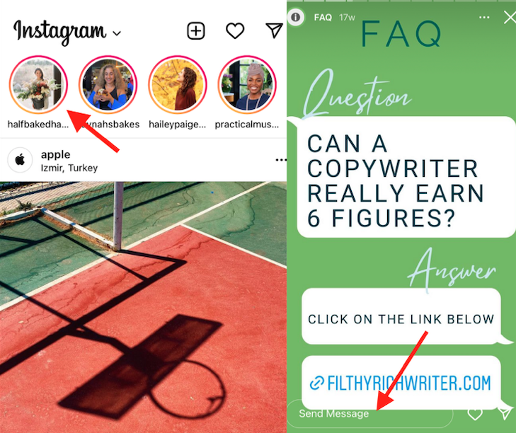 Setas apontando para a seção Histórias do Instagram e o local onde você pode enviar mensagens para alguém em sua história