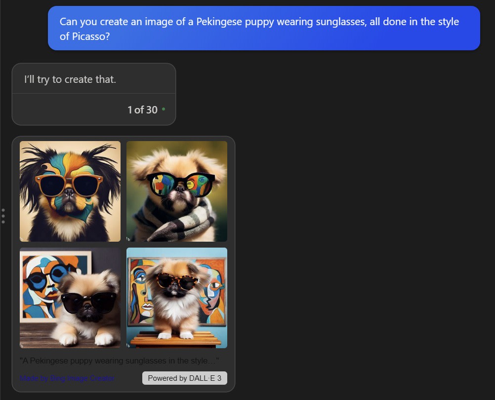 Example of Bing Chat using DALL·E 3 to generate images in a chat.