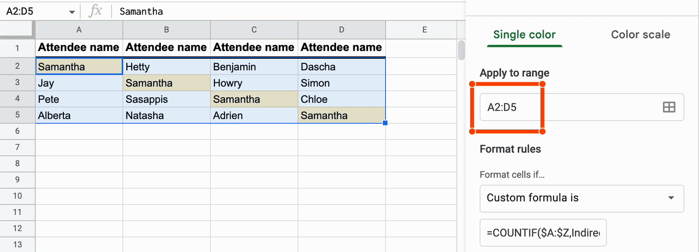 GIF showing a portion of a Google Sheets worksheet with data selected in cells A2:D5 on the left and the conditional format rules window on the right. Four cells of duplicate data in the data range A2:D5 are highlighted. The data range in the conditional format rules window is changed from A2:D5 to A2:B5. Now there are only two cells of duplicate data in columns A and B highlighted .