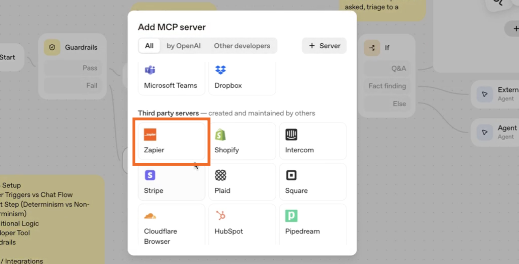 The option to connect Zapier in OpenAI Agent Builder