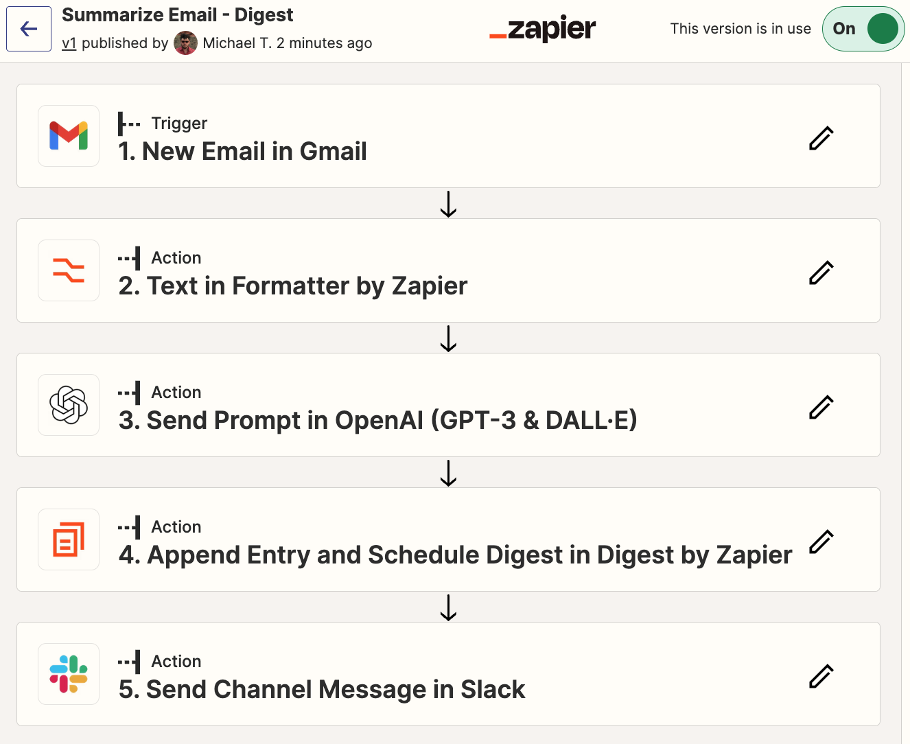 A 5-step Zap in the Zap editor.