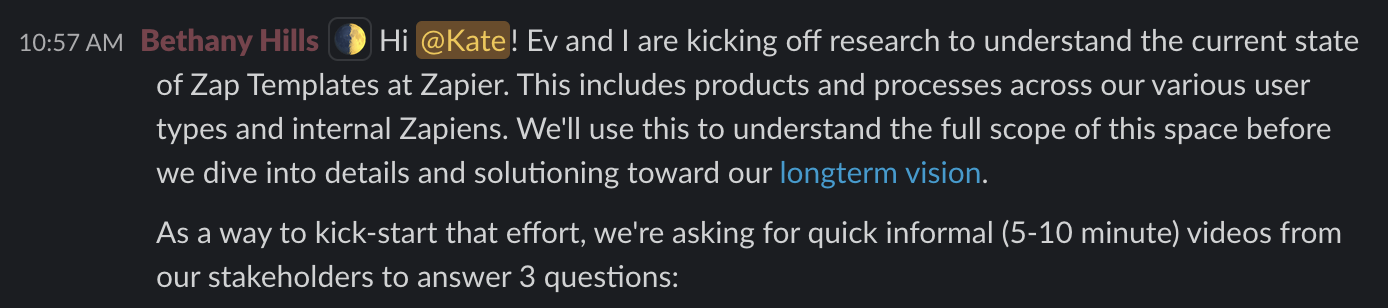 Slack message with Kate