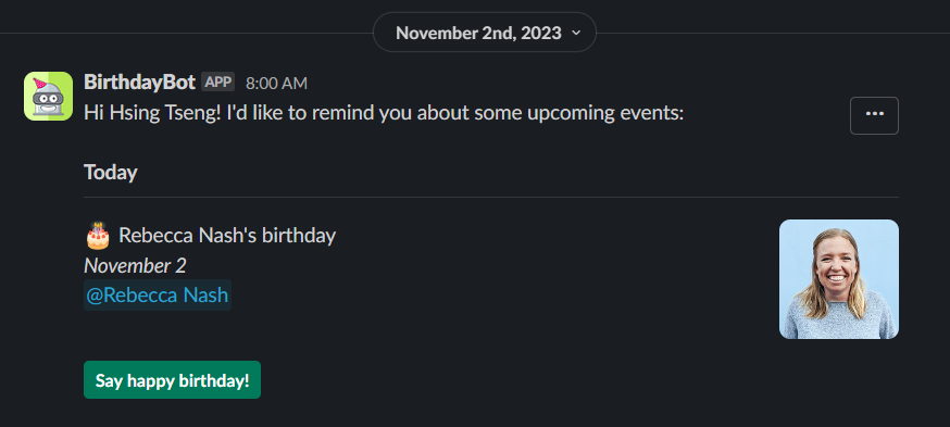 An upcoming birthday alert from BirthdayBot in Slack