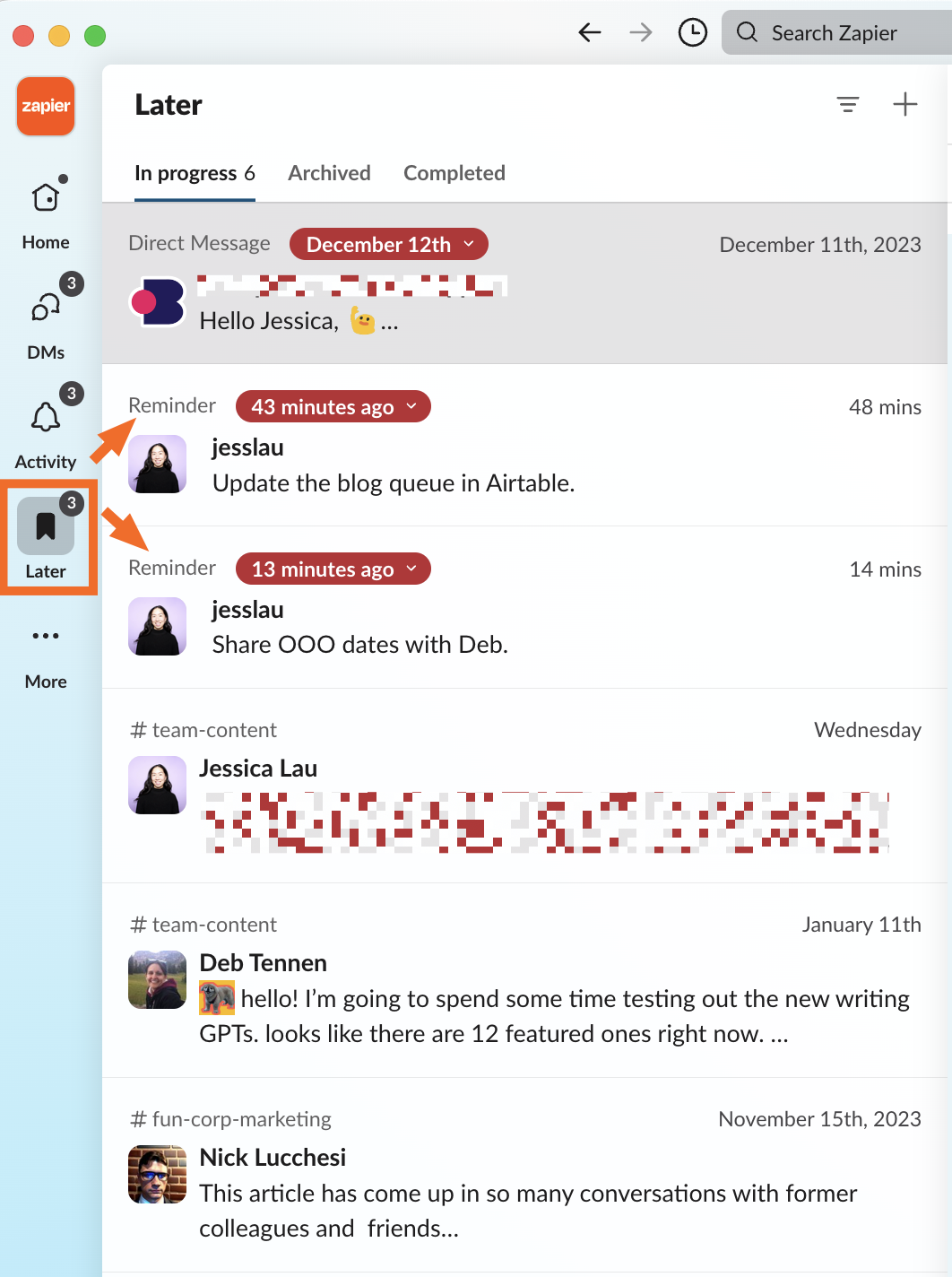 Later tab in Slack with personal reminders and saved messages.