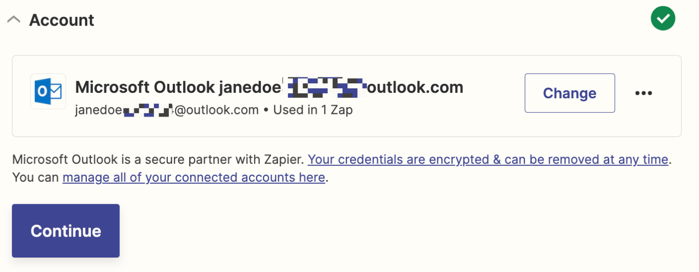 Screenshot of Outlook account