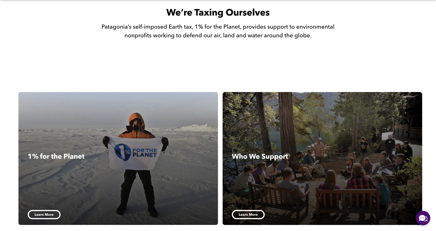 Screenshot of a page on Patagonia's website that says "We're taxing ourselves. Patagonia's self-imposed Earth tax, 1% for the Planet, provides support to environmental nonprofits working to defend our air, land and water around the globe" with two photos underneath: one of a person on a snowy summit holding a cloth sign that says "1% for the Planet" and another of a group of people sitting in a circle in the mountains 