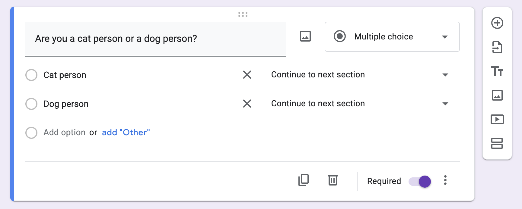 Multiple-choice question in Google Forms with each answer showing where it will take the user next. 