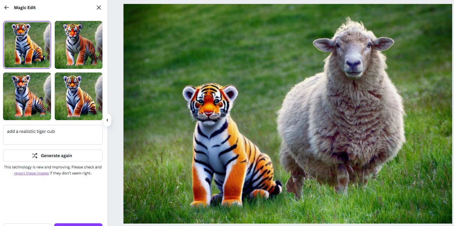 A cartoony tiger next to a real sheep