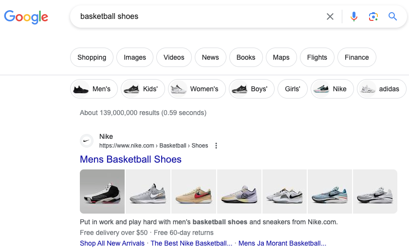 Screenshot of a Google search of basketball shoes, showing Nike as the top result