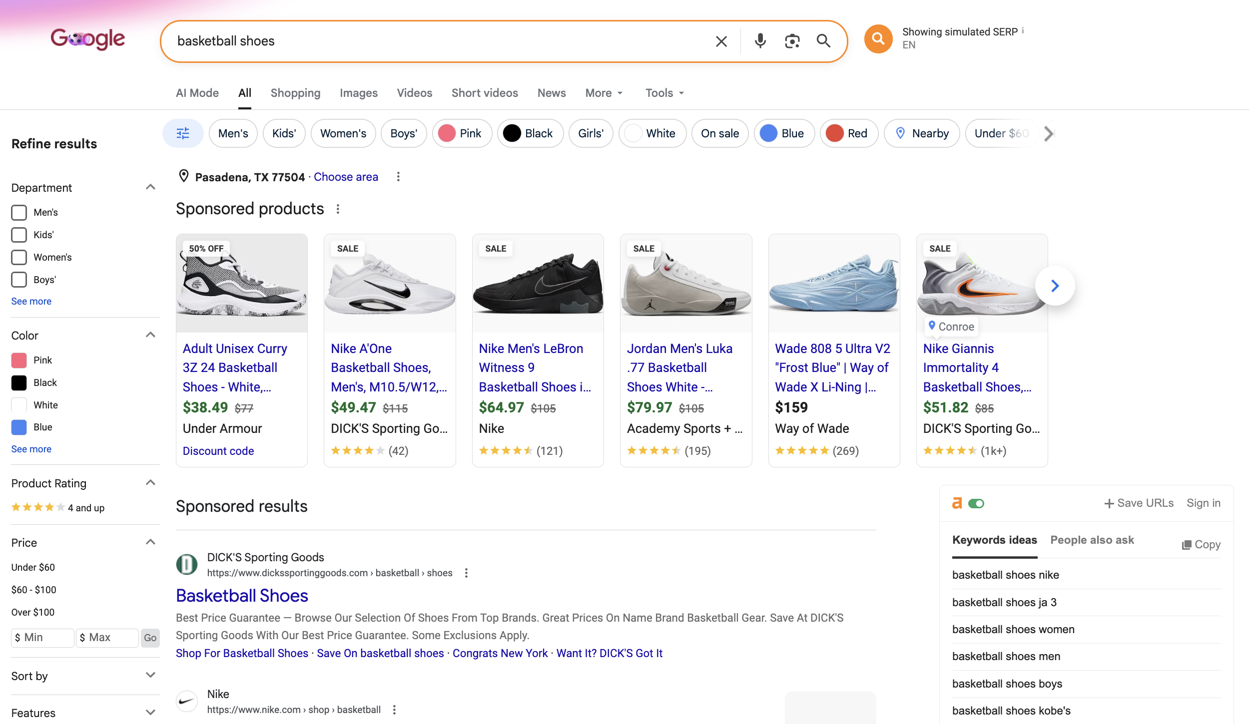 Screenshot of a Google search of basketball shoes, showing Nike as the top result