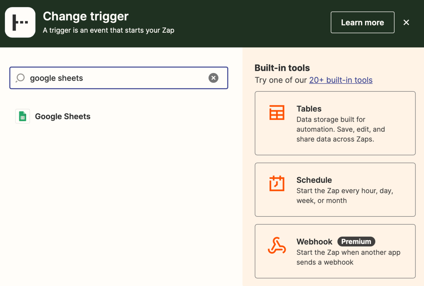 A trigger step in the Zap editor with Google Sheets entered in the app search field.