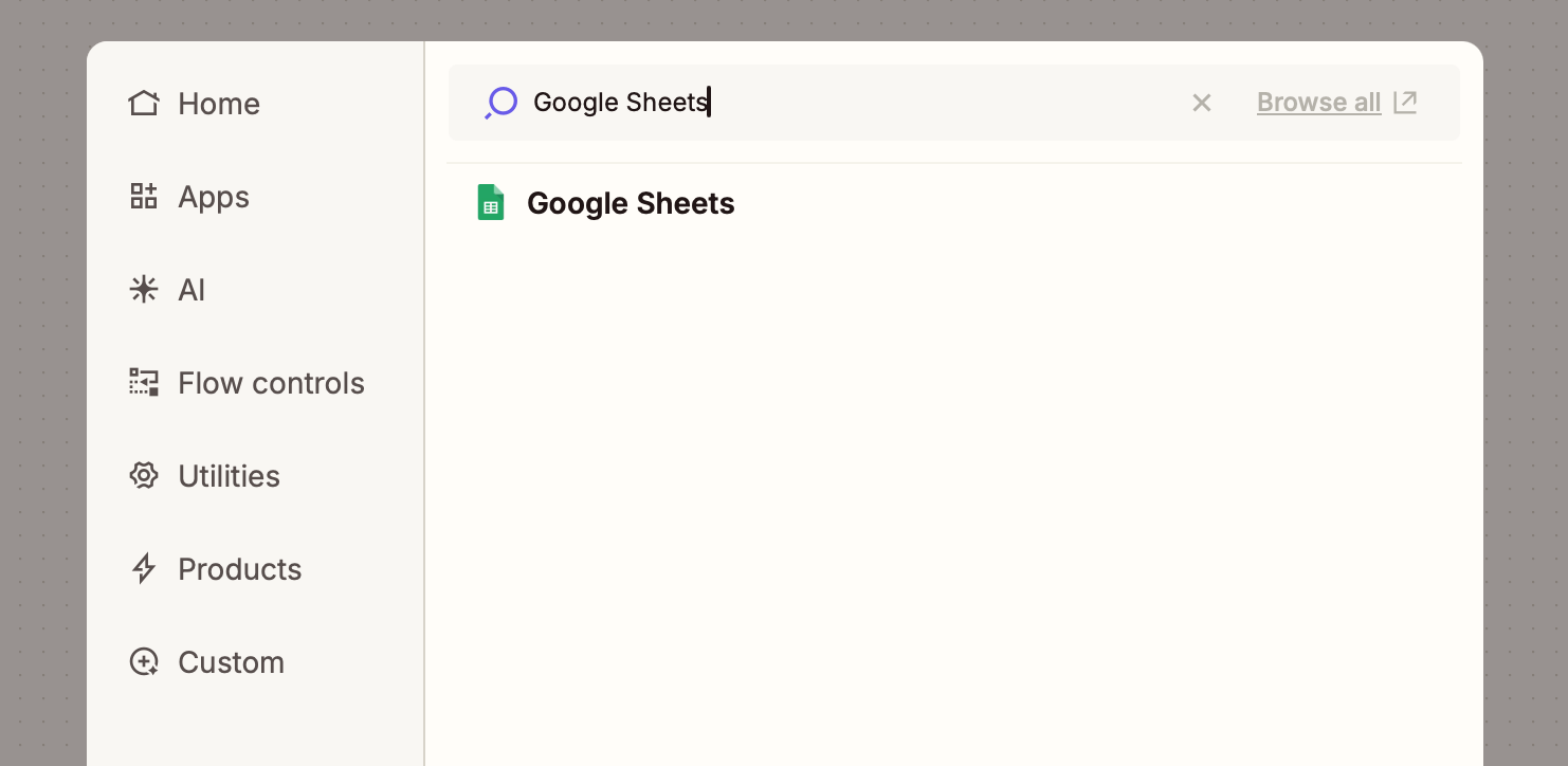 A Zapier interface displaying search results for "Google Sheets" with a sidebar menu containing the options Home, Apps, AI, Flow controls, Utilities, Products, and Custom.