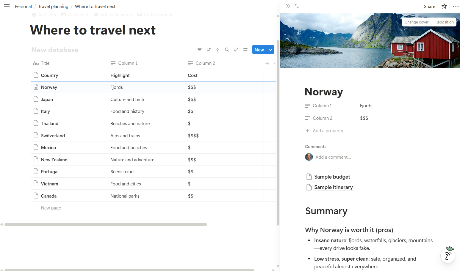 A database in Notion, with a sidebar page