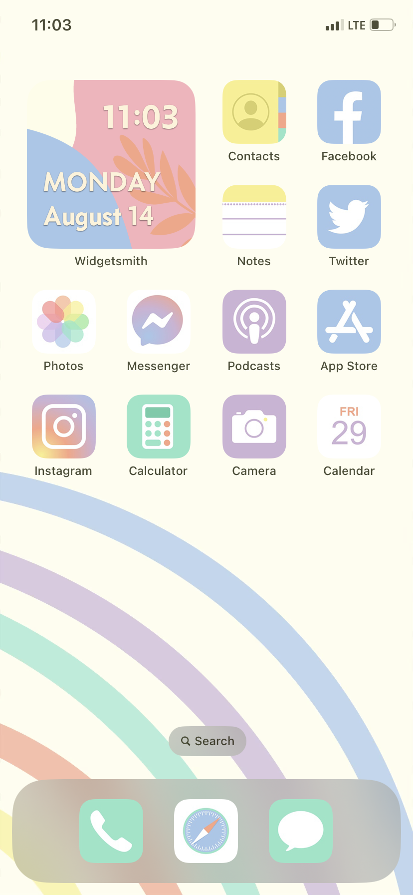 An iPhone home screen with pastel icons and a pastel wallpaper