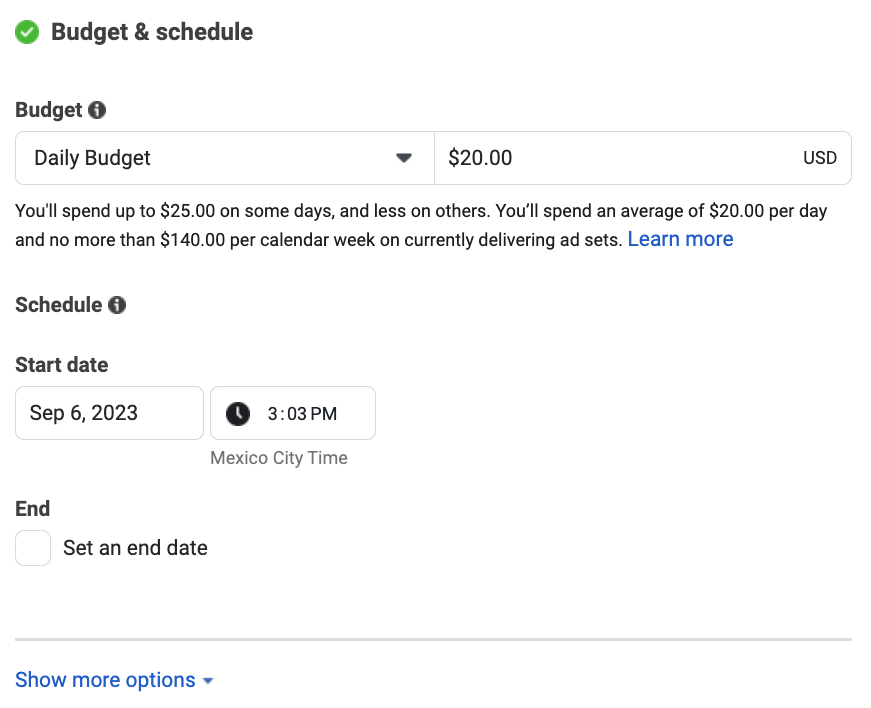 Budget view in Meta's Ads Manager
