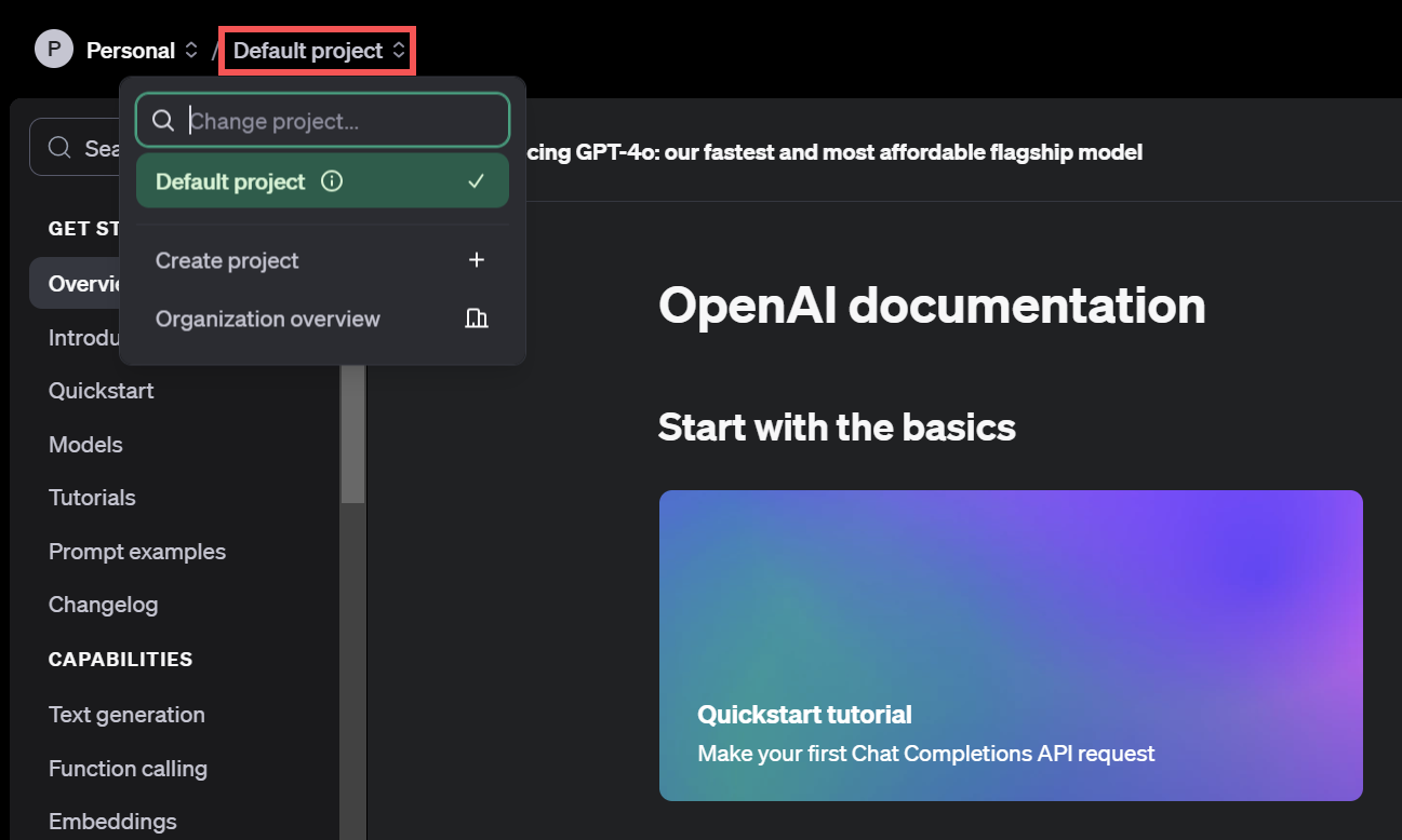 Creating a default project with the OpenAI API