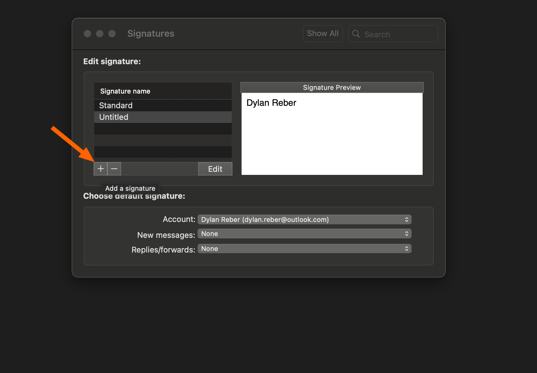 Screenshot of the pop-up window where you can edit your email signature in Outlook