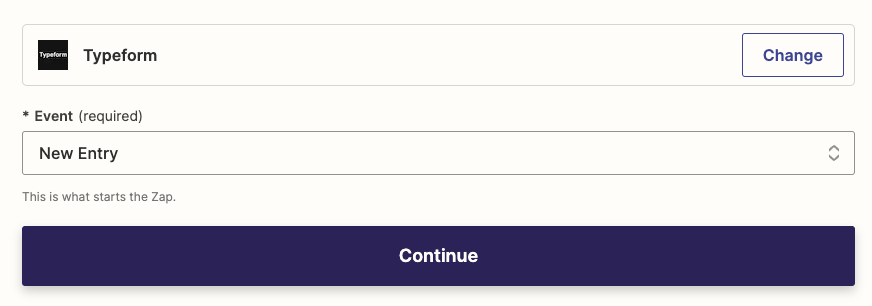 Select Typeform and the New Entry event that will trigger the Zap. 