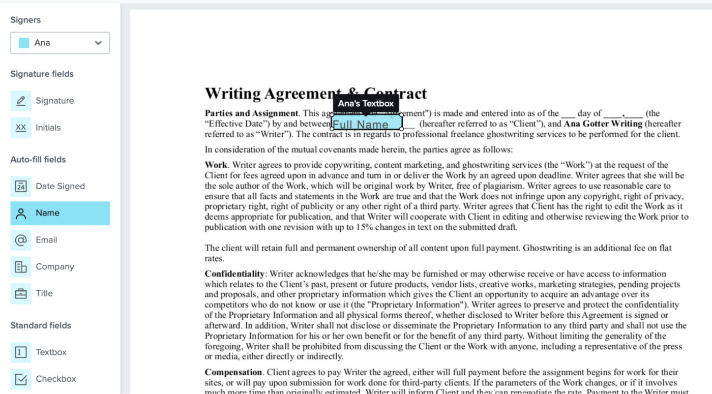 A screenshot of a contract in HelloSign, including various fields you can leave blank