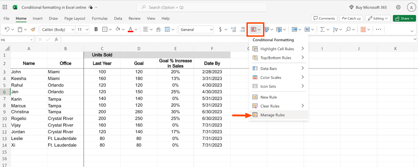 How to manage conditional formatting rules in Excel.