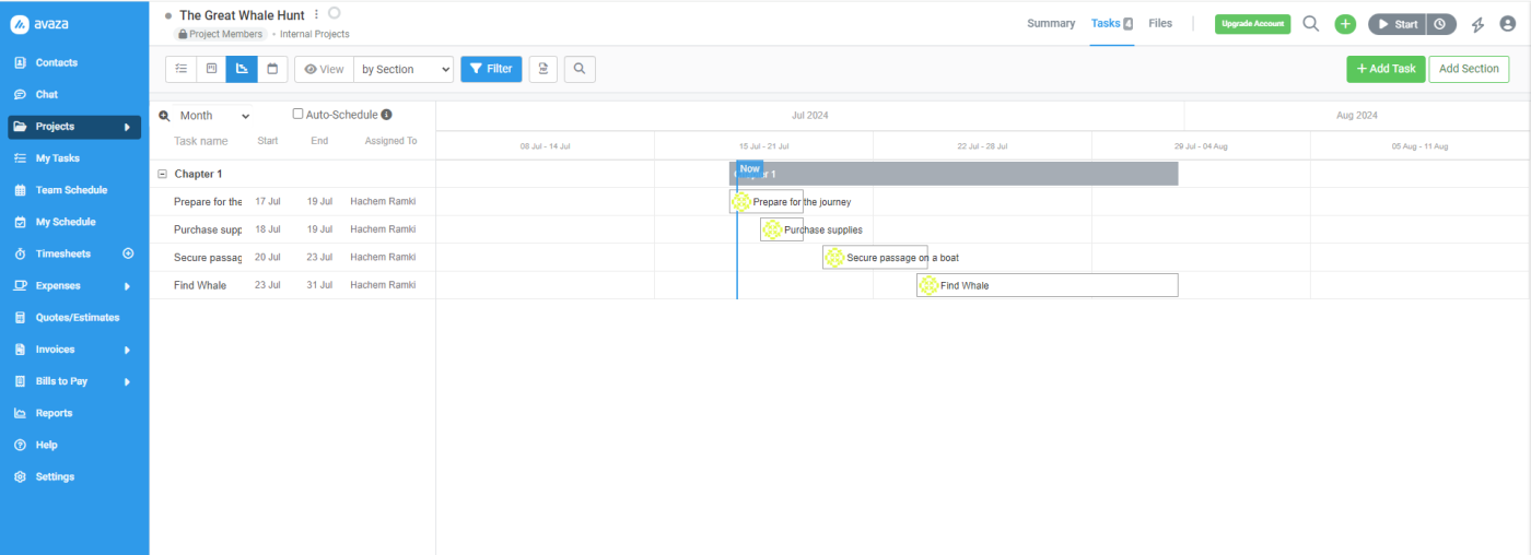 Screenshot displaying Avaza’s Gantt functionality