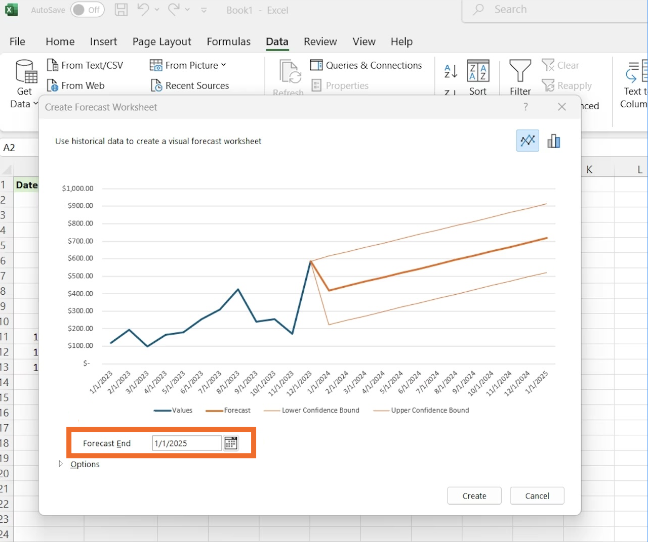 The chart options and Forecast End field in Excel