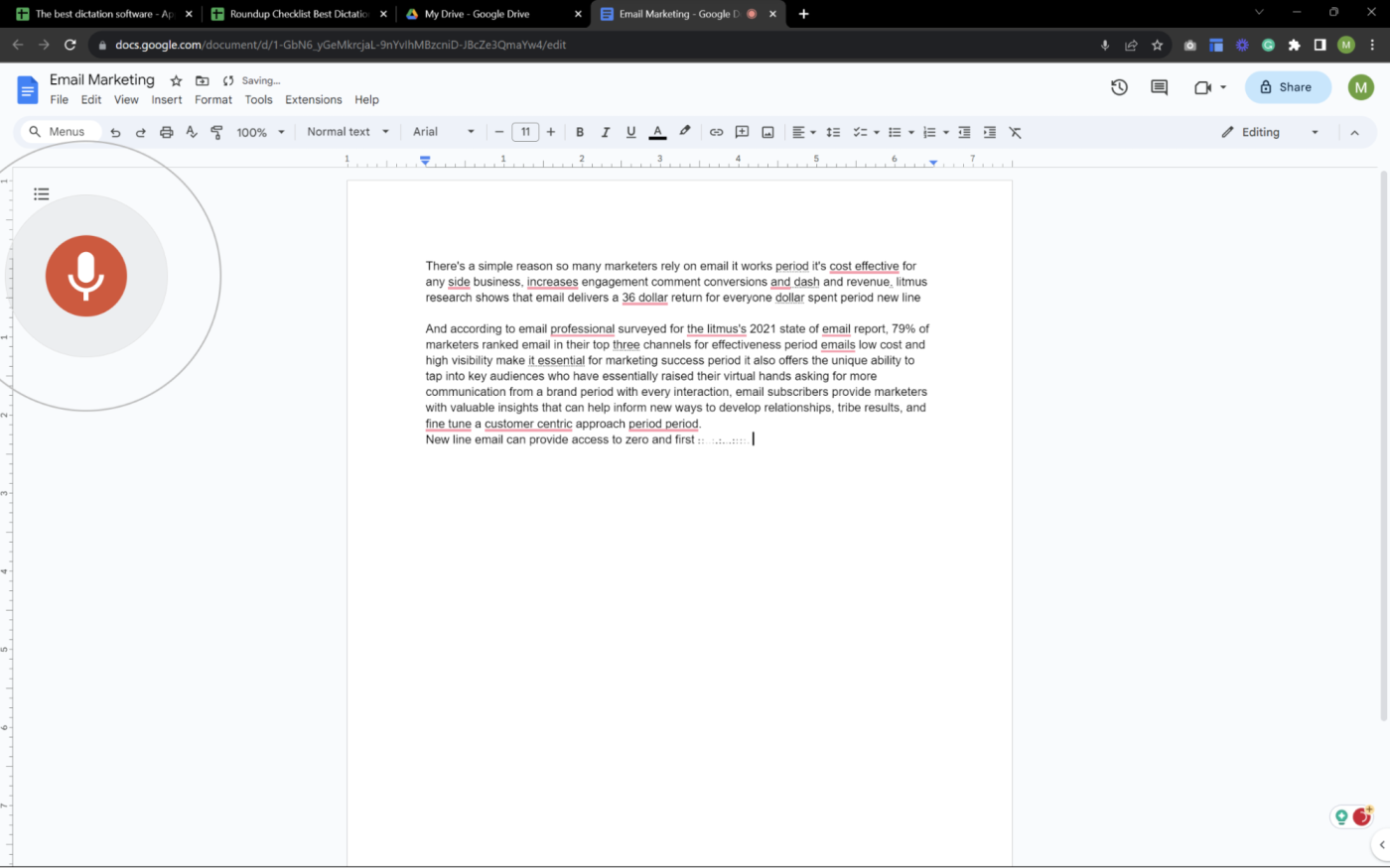 The interface for Google Docs voice typing, our pick for the best dictation software for Google Docs