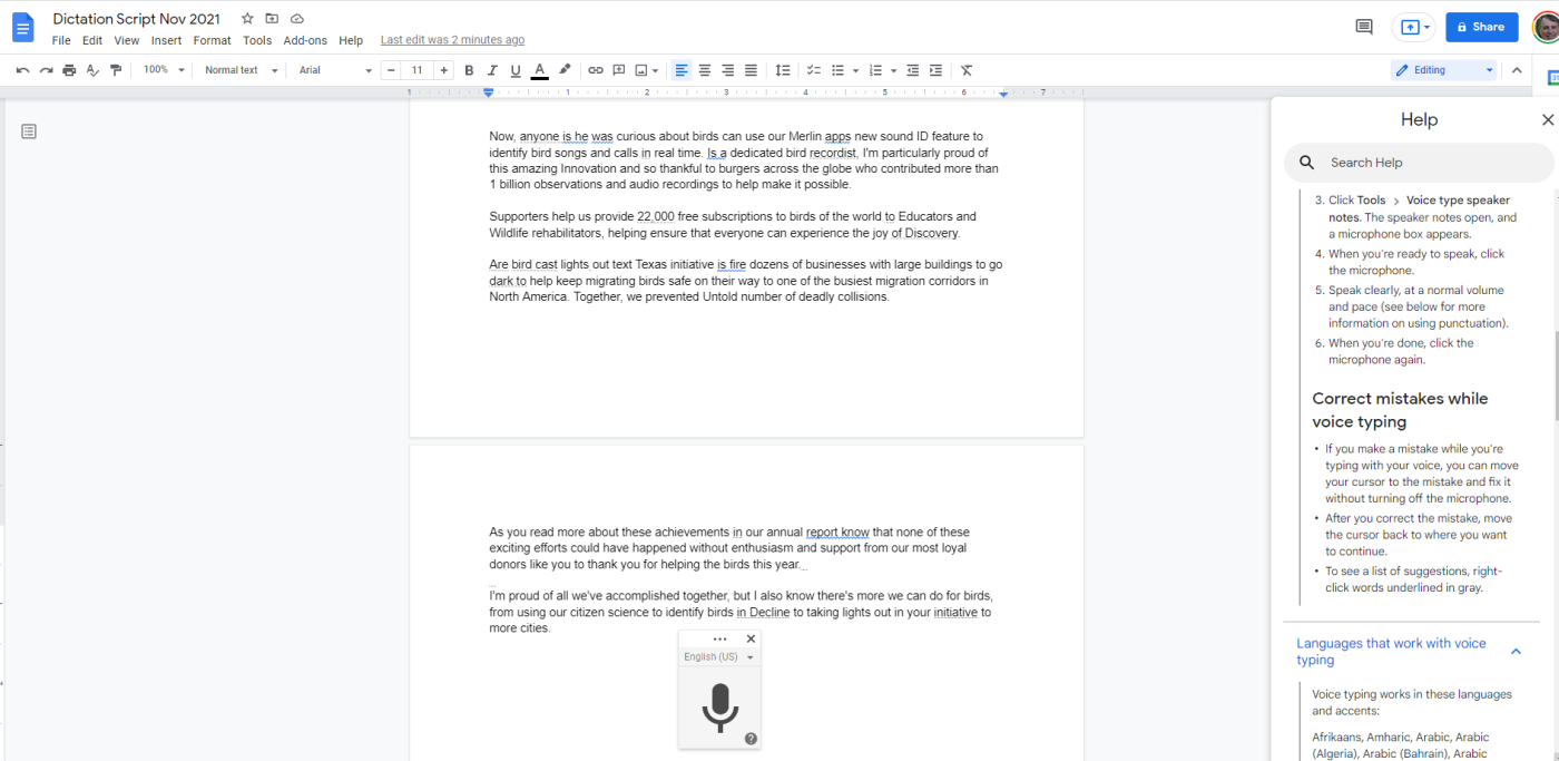 The interface for Google Docs voice typing, our pick for the best dictation software for Google Docs