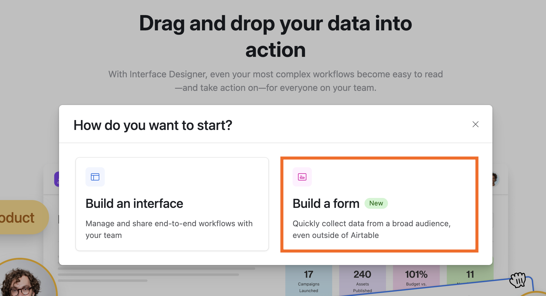 Pop-up in airtable with two options: build an interface or build a form. The latter is highlighted.