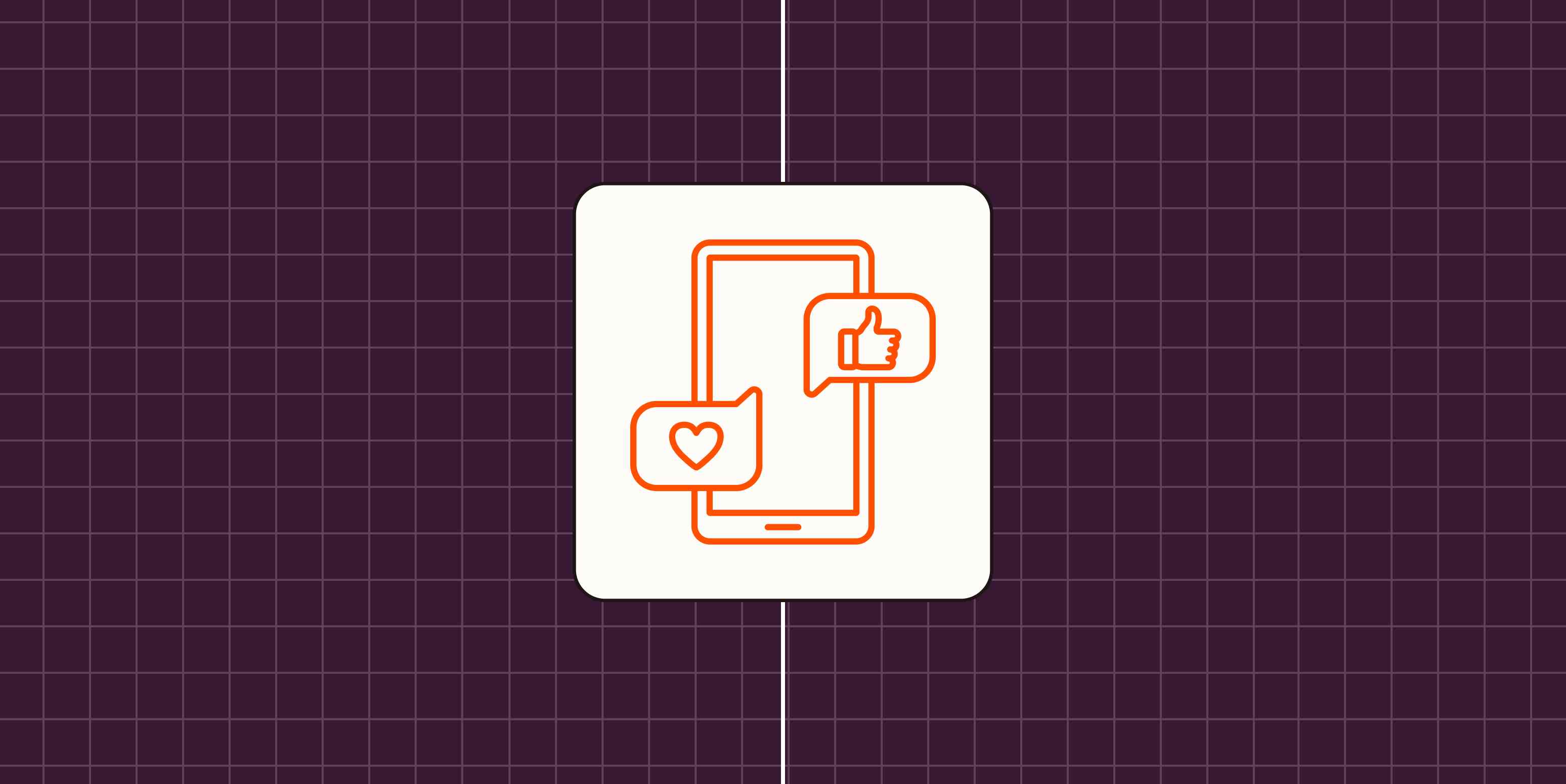 Simple line illustration of a phone overlayed with a thumbs up and heart in two separate speech bubbles to represent social media.