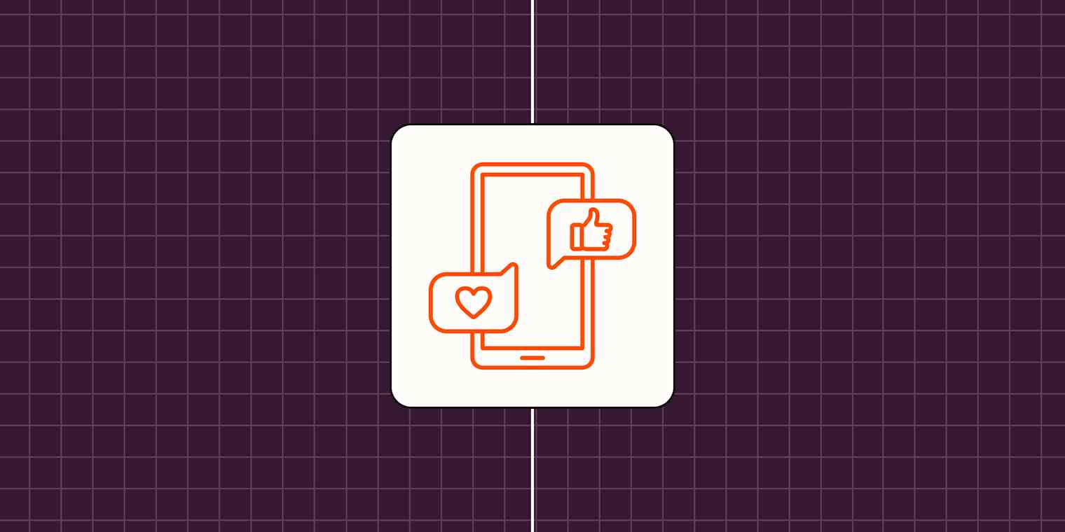 Simple line illustration of a phone overlayed with a thumbs up and heart in two separate speech bubbles to represent social media.