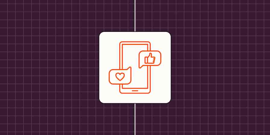 Simple line illustration of a phone overlayed with a thumbs up and heart in two separate speech bubbles to represent social media.