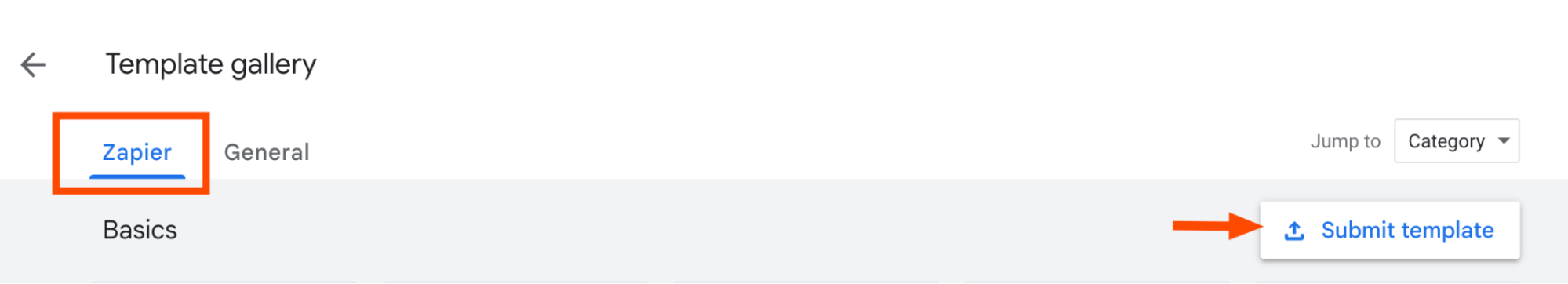Portion of Zapier template gallery in Google Docs with an arrow pointing to the "submit template" button.