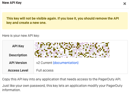 A window revealing the new API key that was just created in PagerDuty.