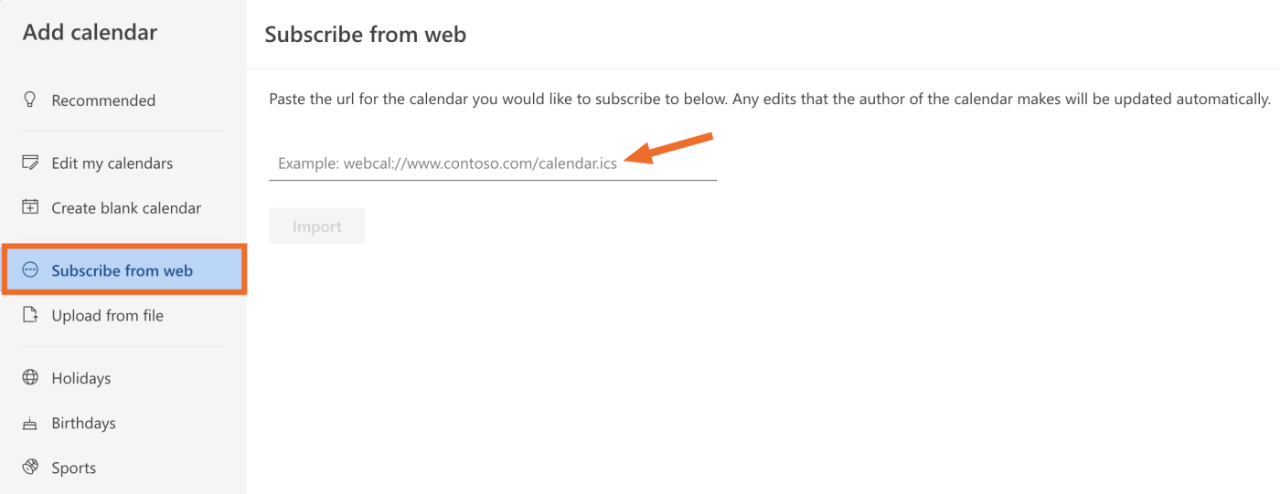 Image showing how to subscribe to a calendar from the web using iCal address