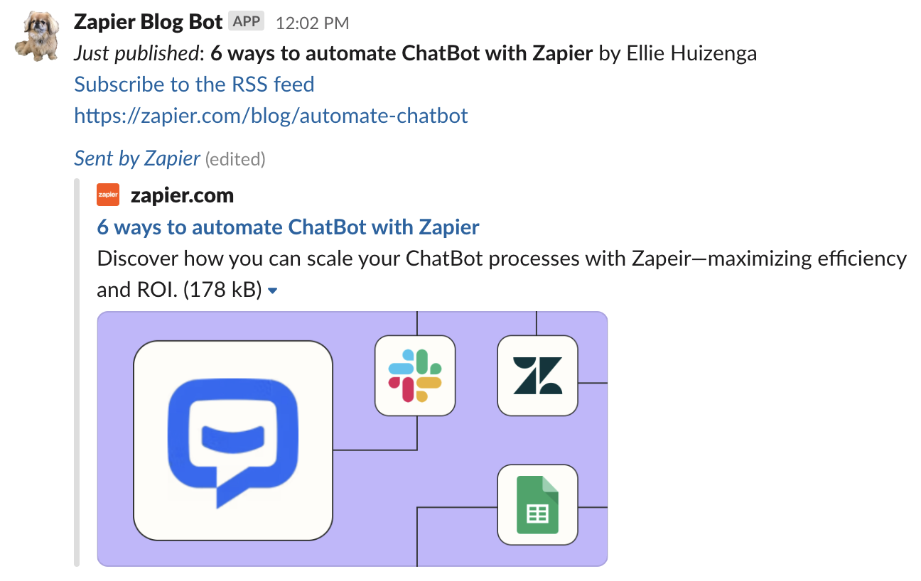 A Slack message that shows a blog post from an RSS feed posted from a Slack bot called "Zapier Blog Bot".