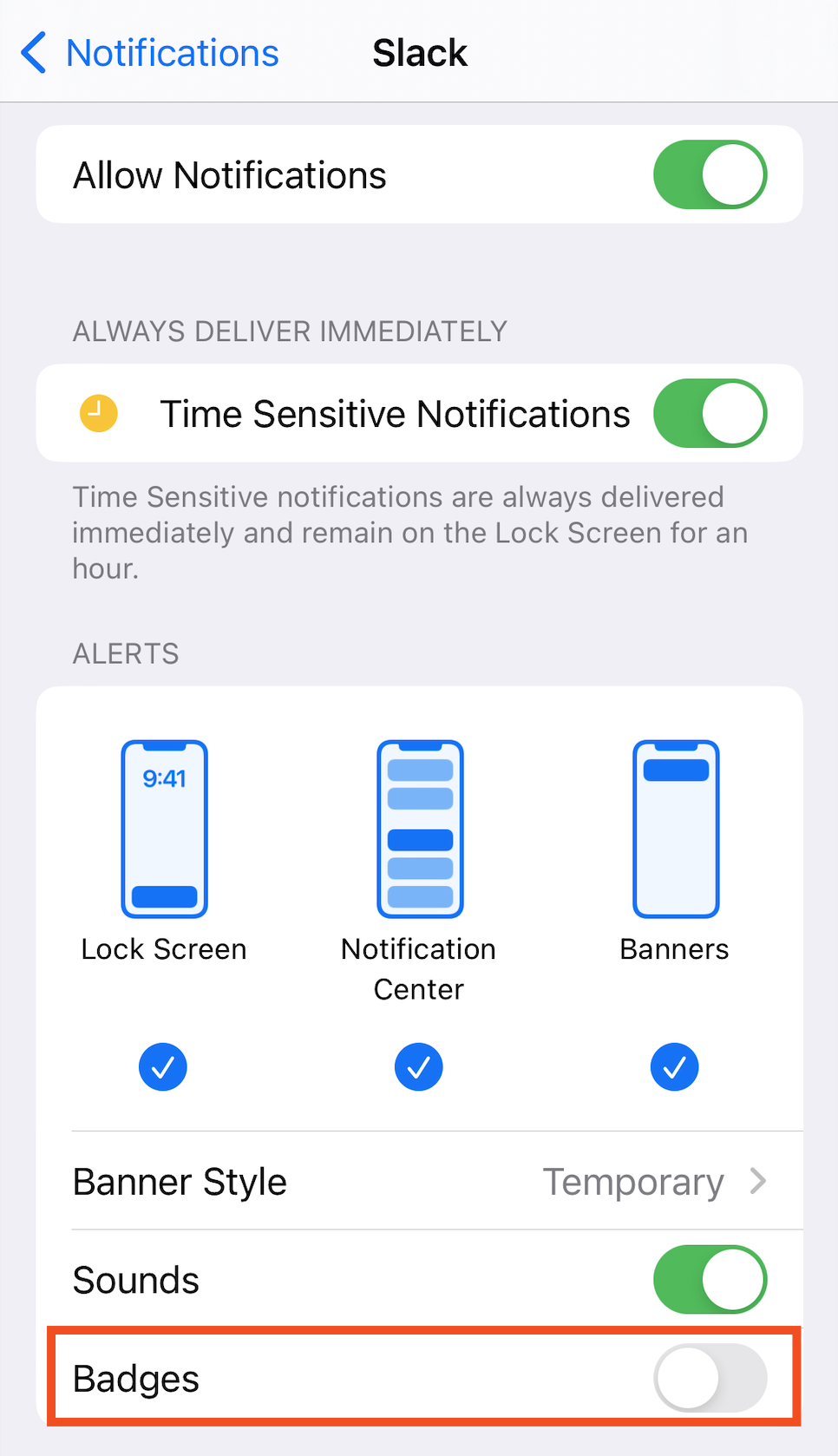 Slack notification settings on iOS.
