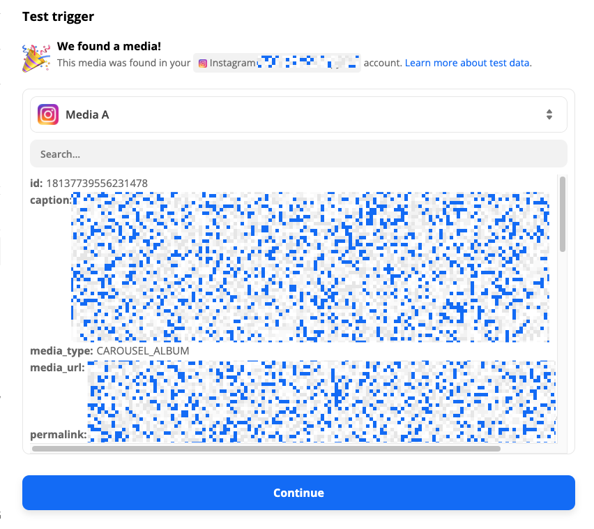 A success screen showing test data for an Instagram trigger step