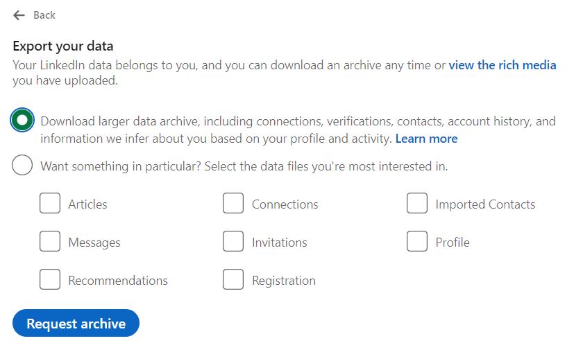 Selecting which information to include in your LinkedIn download