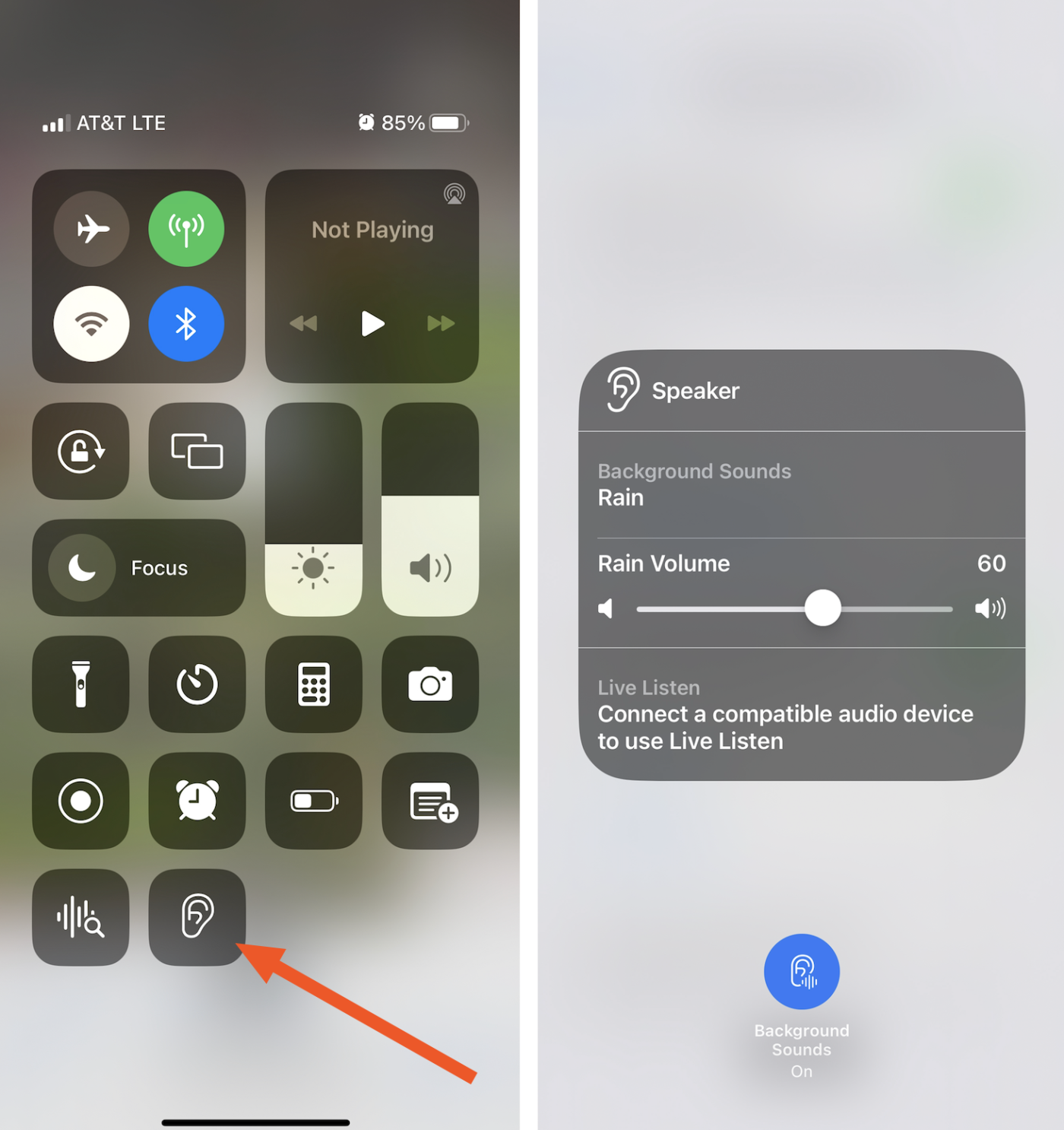 Accessing white noise on iPhone using the Control Center