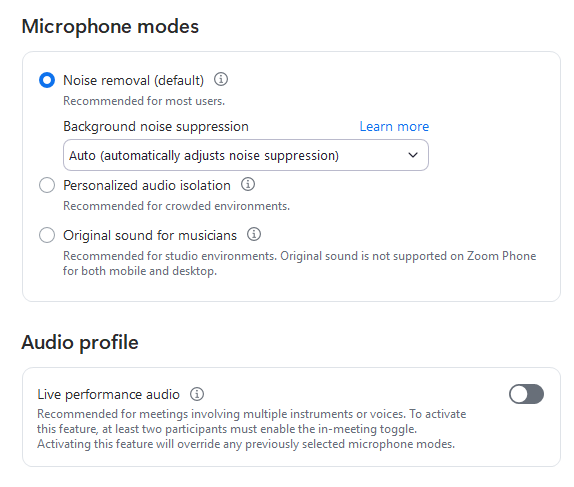 Audio settings in Zoom