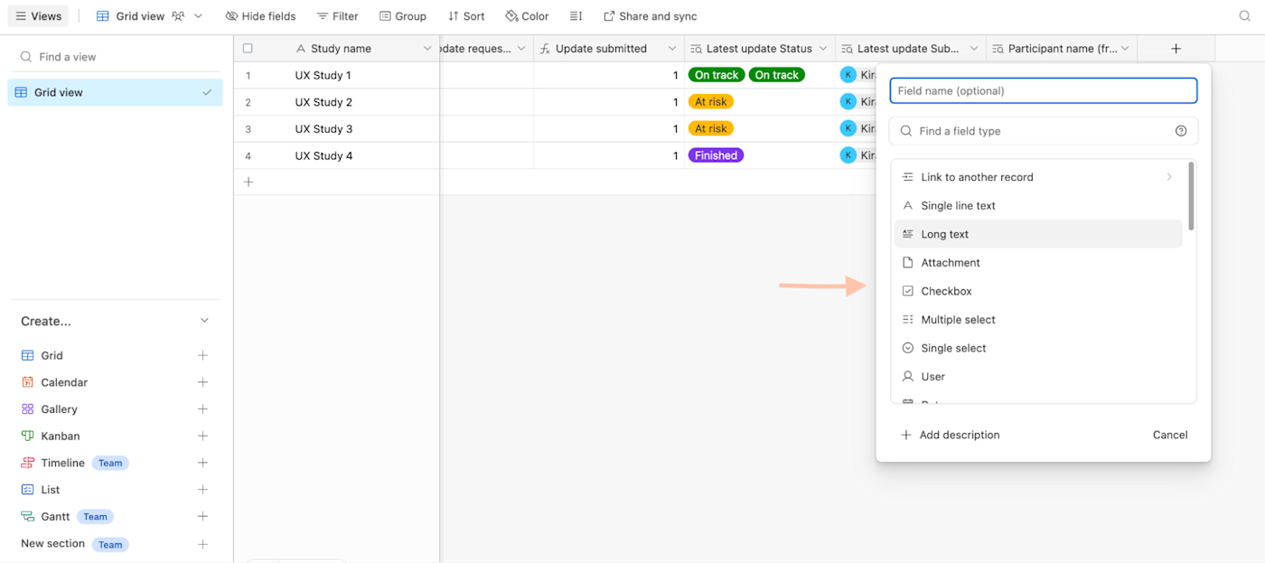 An Airtable base, with the field type dropdown