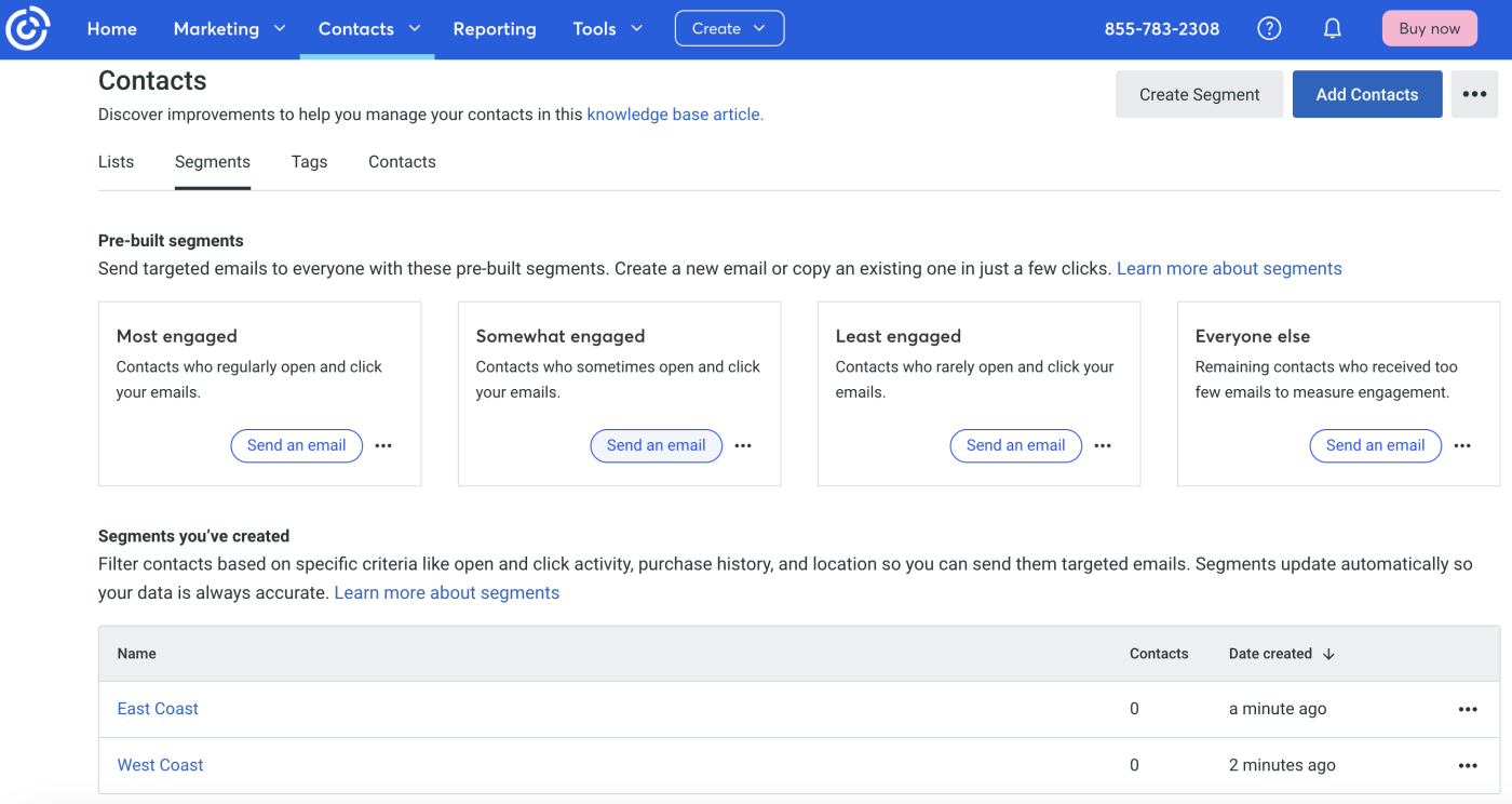 Screenshot of Constant Contact's segmentation tool