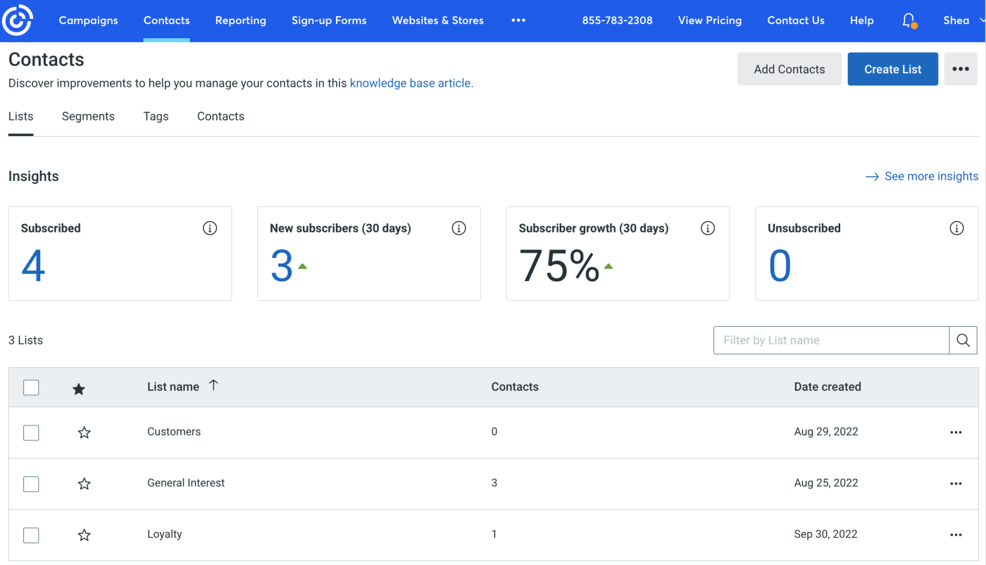 Screenshot of Constant Contact's "Contacts" dashboard