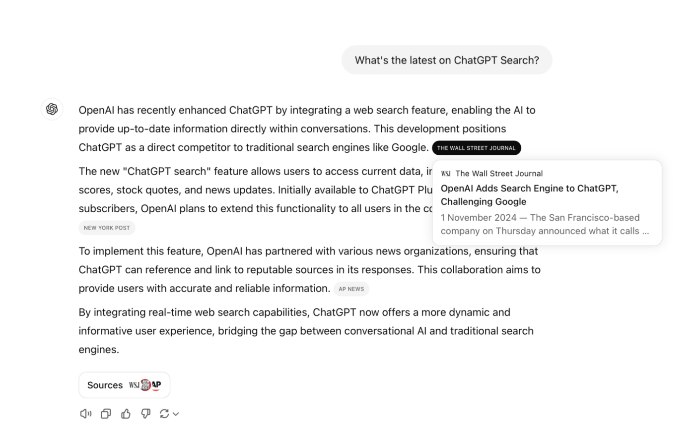 Hovering over a source in ChatGPT search