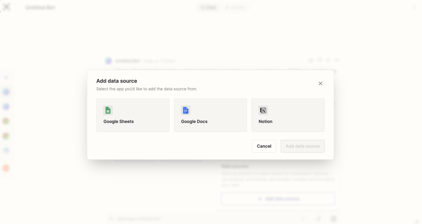 Select a Google Sheet, Google Doc, or a Notion account to use as a data source.