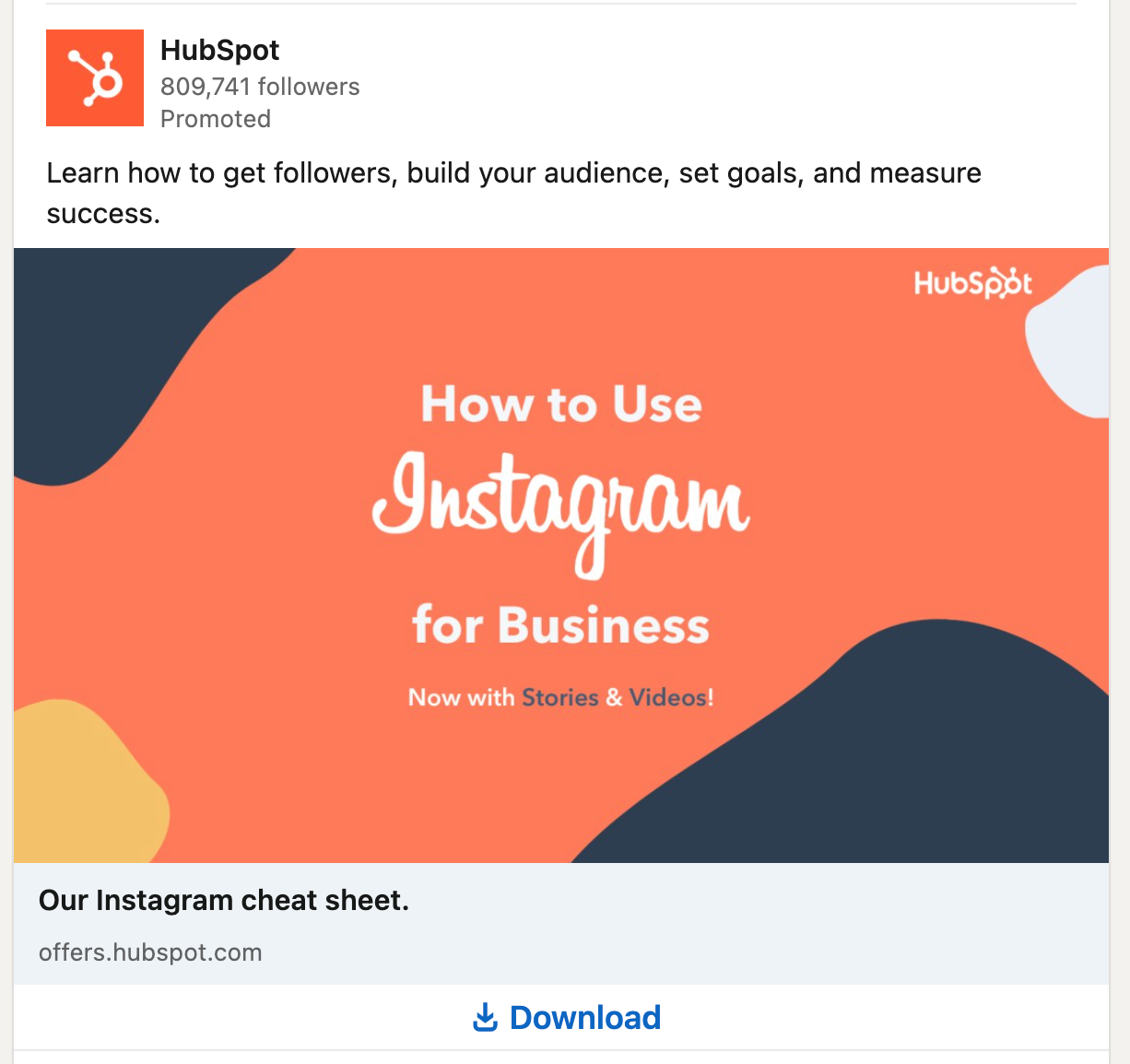 LinkedIn Lead Gen ad example from HubSpot with a "Download" CTA