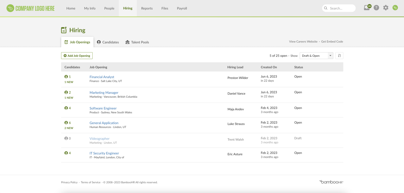 Screenshot of the job openings view in BambooHR.