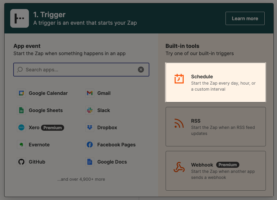 The trigger step in the Zap editor. A box highlights Schedule by Zapier.